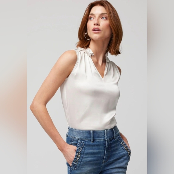 White House Black Market Tops - EUC White House Black Market White Sleeveless Satin Ruched Neck Shell Top